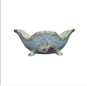 Light Blue Porcelain Bowl with Floral Motif and Gold Trim